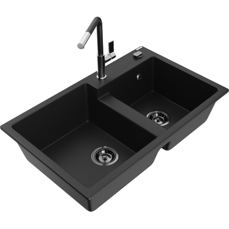 Mexen Tomas 2-bowl granite sink with Flora kitchen faucet, black - 6516-77-670401-07-B