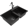 Mexen Tomas 2-bowl granite sink with Flora kitchen faucet, black - 6516-77-670401-07-B