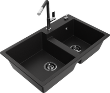 Mexen Tomas granite sink 2-bowl with Flora kitchen faucet, black - 6516-77-670401-07-B