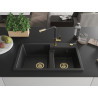 Mexen Tomas granite 2-bowl sink with Flora kitchen faucet, black - 6516-77-670401-57-G