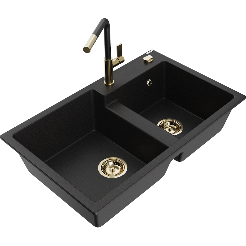 Mexen Tomas 2-bowl granite kitchen sink with Flora tap, black - 6516-77-670401-57-G