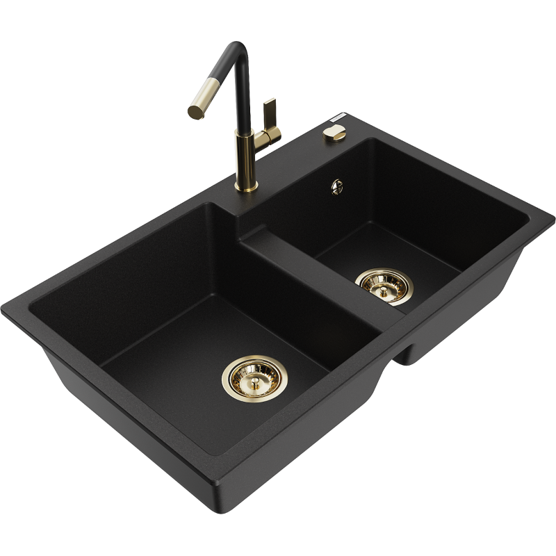 Mexen Tomas 2-compartment granite sink with a kitchen mixer tap Flora, Black - 6516-77-670401-57-G