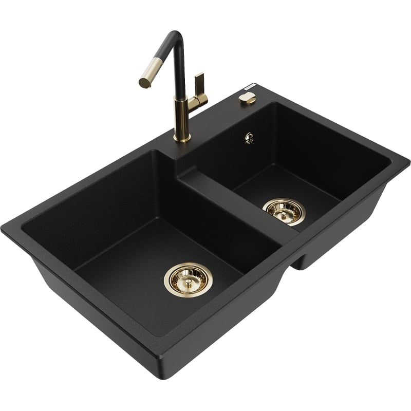 Mexen Tomas granite 2-bowl kitchen sink with Flora faucet, black - 6516-77-670401-57-G