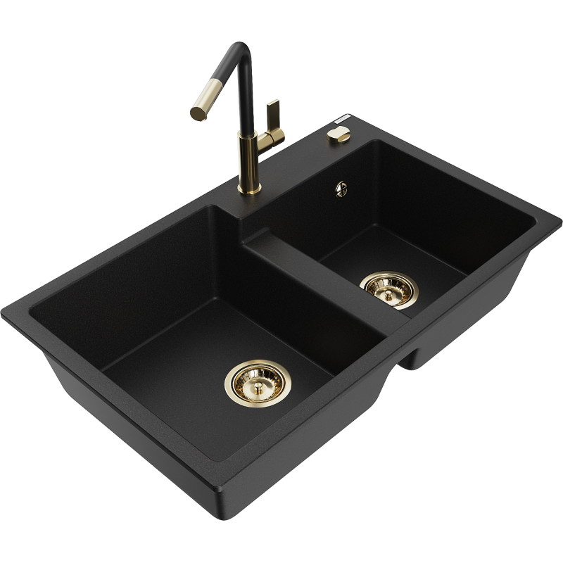 Mexen Tomas granite 2-bowl sink with Flora kitchen faucet, black - 6516-77-670401-57-G