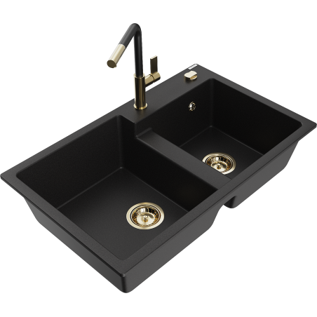 Mexen Tomas granite 2-bowl kitchen sink with Flora faucet, black - 6516-77-670401-57-G