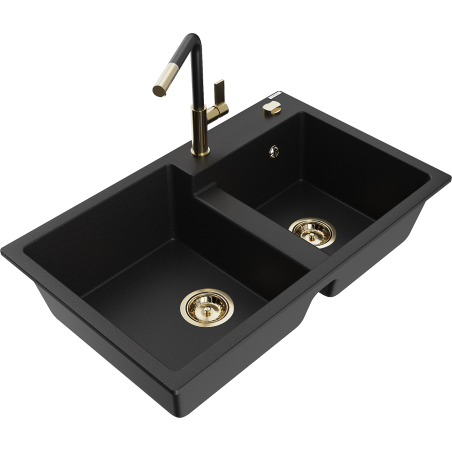 Mexen Tomas granite 2-bowl sink with Flora kitchen faucet, black - 6516-77-670401-57-G