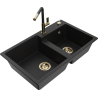 Mexen Tomas granite 2-bowl sink with Flora kitchen faucet, black - 6516-77-670401-57-G