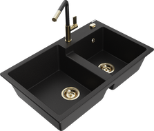 Mexen Tomas granite 2-bowl sink with Flora kitchen faucet, black - 6516-77-670401-57-G