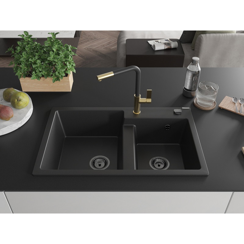 Mexen Tomas granite double-bowl kitchen sink with Flora faucet, black - 6516-77-670401-57-B