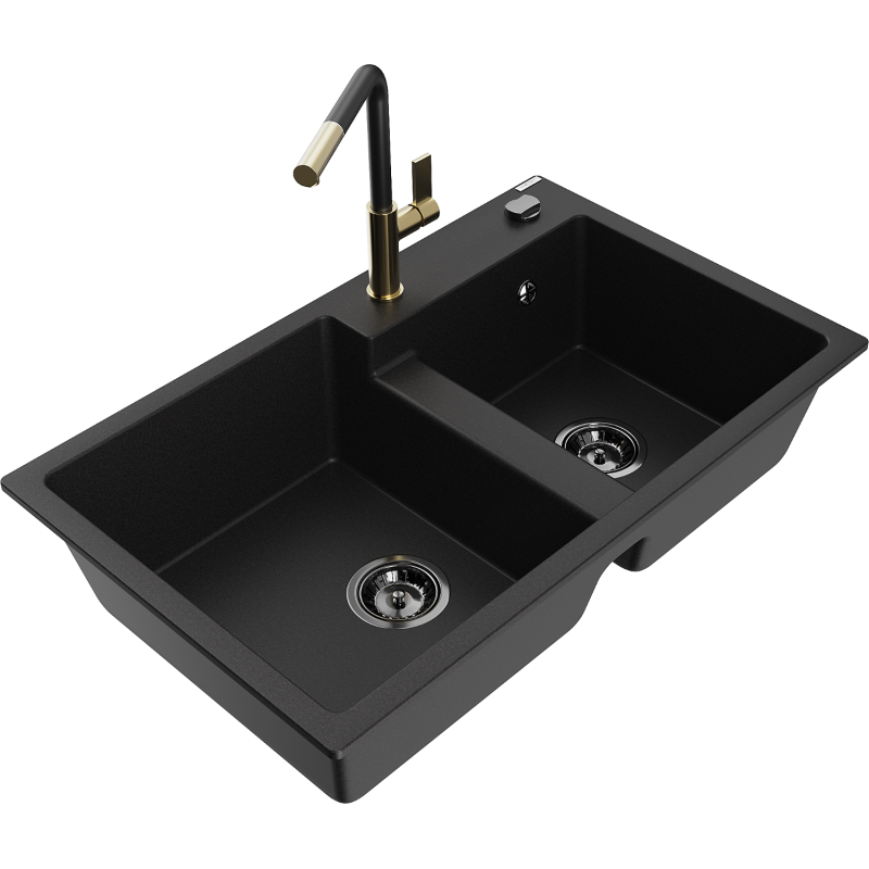 Mexen Tomas 2-compartment granite sink with a kitchen mixer tap Flora, Black - 6516-77-670401-57-B