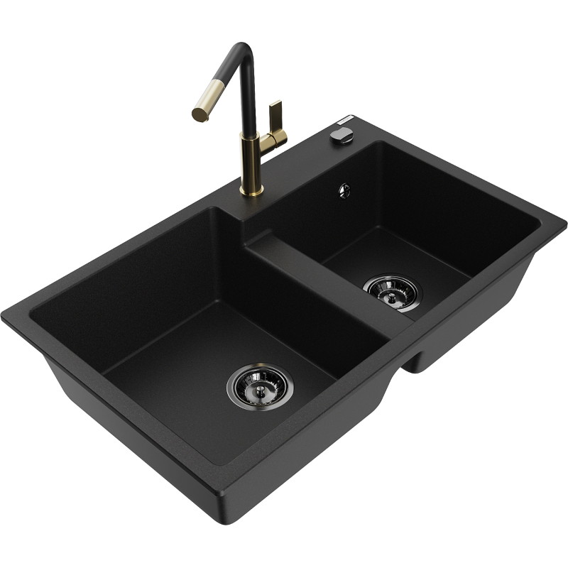 Mexen Tomas granite double-bowl kitchen sink with Flora faucet, black - 6516-77-670401-57-B