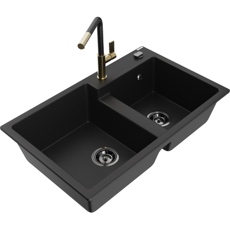 Mexen Tomas 2-compartment granite sink with a kitchen mixer tap Flora, Black - 6516-77-670401-57-B