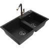 Mexen Tomas granite double-bowl kitchen sink with Flora faucet, black - 6516-77-670401-57-B