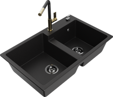 Mexen Tomas 2-compartment granite kitchen sink with Flora kitchen faucet, black - 6516-77-670401-57-B