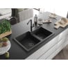 Mexen Tomas granite double sink with Flora kitchen tap, black - 6516-77-670401-70-B