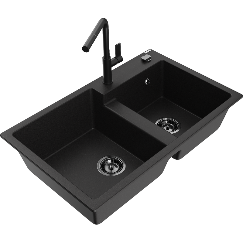 Mexen Tomas 2-compartment granite sink with a kitchen mixer tap Flora, Black - 6516-77-670401-70-B