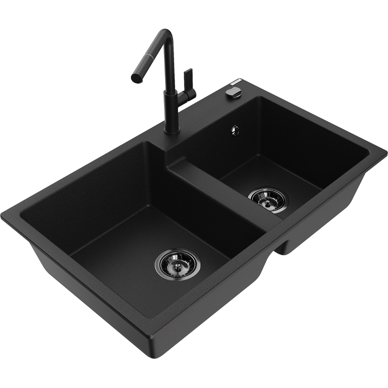 Mexen Tomas granite double sink with Flora kitchen tap, black - 6516-77-670401-70-B