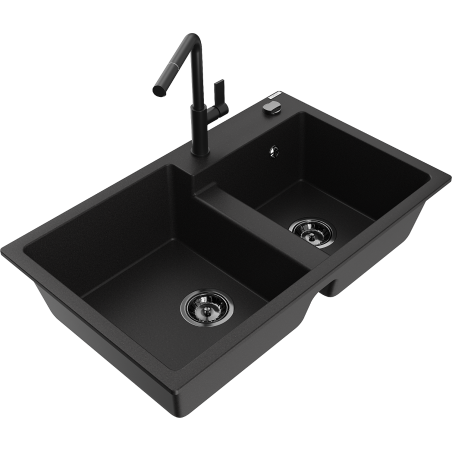 Mexen Tomas granite double-bowl kitchen sink with Flora faucet, black - 6516-77-670401-70-B