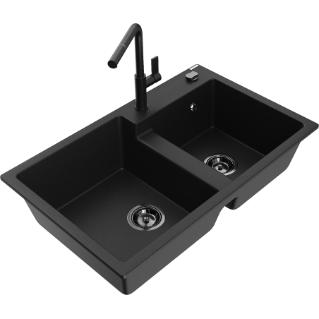 Mexen Tomas granite double sink with Flora kitchen tap, black - 6516-77-670401-70-B