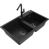 Mexen Tomas 2-compartment granite sink with a kitchen mixer tap Flora, Black - 6516-77-670401-70-B