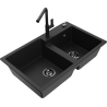 Mexen Tomas granite double-bowl kitchen sink with Flora faucet, black - 6516-77-670401-70-B