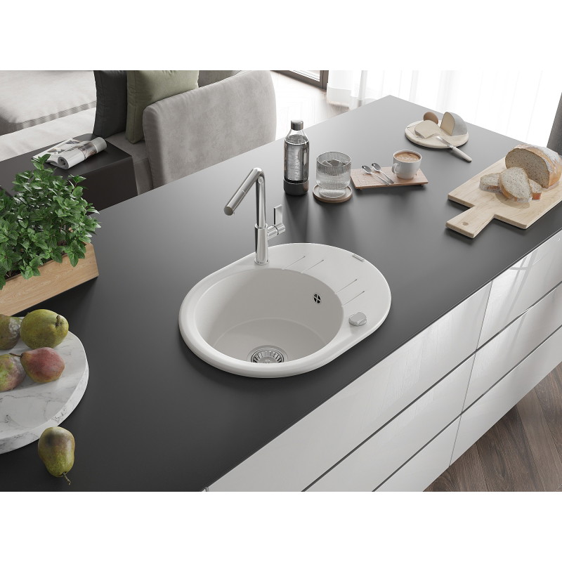 Mexen Kevin 1-bowl granite sink with drainer and Flora kitchen faucet, white - 6517-20-670401-00