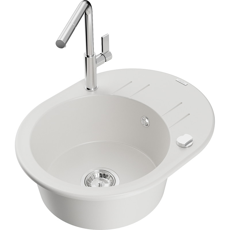 Mexen Kevin granite sink 1-bowl with drainer and Flora kitchen faucet, white - 6517-20-670401-00