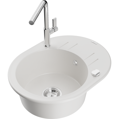 Mexen Kevin 1-bowl granite sink with drainer and Flora kitchen tap, white - 6517-20-670401-00