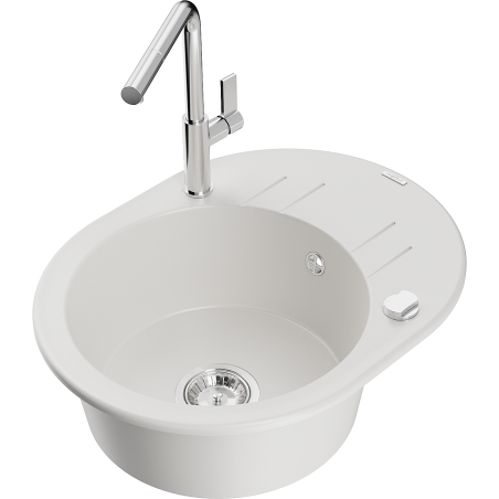 Mexen Kevin granite sink 1-bowl with drainer and Flora kitchen faucet, white - 6517-20-670401-00
