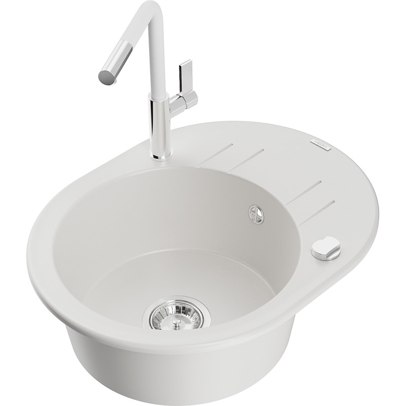 Mexen Kevin 1-bowl granite sink with drainer and Flora kitchen faucet, white - 6517-20-670401-02