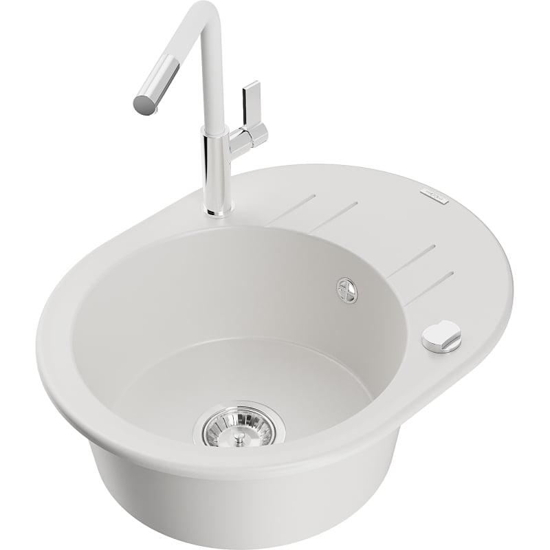 Mexen Kevin granite sink single bowl with drainer and Flora kitchen faucet, white - 6517-20-670401-02