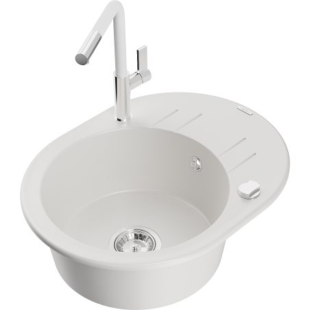 Mexen Kevin 1-bowl granite sink with drainer and Flora kitchen faucet, white - 6517-20-670401-02