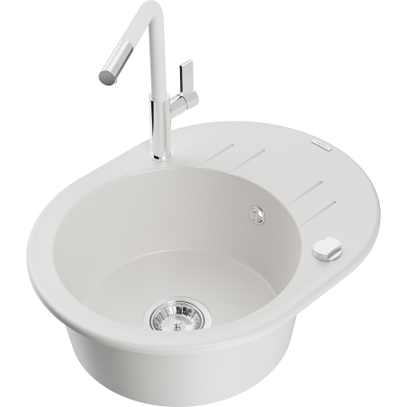 Mexen Kevin granite sink single bowl with drainer and Flora kitchen faucet, white - 6517-20-670401-02
