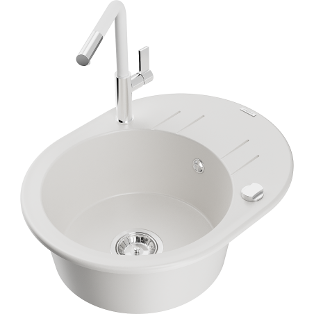 Mexen Kevin granite sink single-bowl with drainer and Flora kitchen tap, white - 6517-20-670401-02