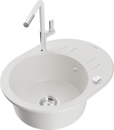 Mexen Kevin granite sink single bowl with drainer and Flora kitchen faucet, white - 6517-20-670401-02