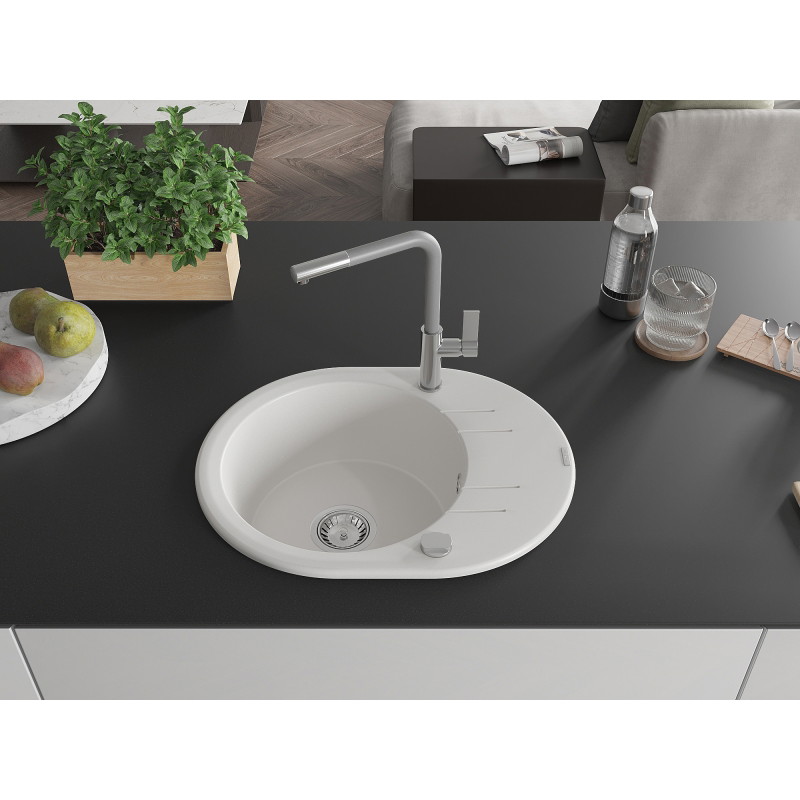 Mexen Kevin granite sink 1-bowl with drainer and Flora kitchen faucet, white - 6517-20-670401-06