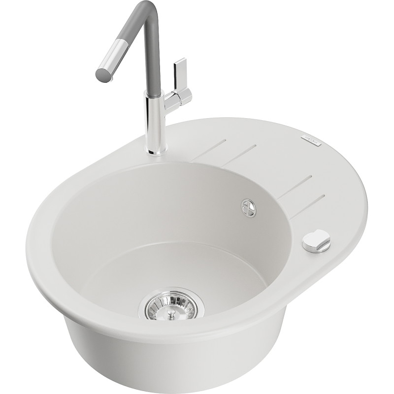 Mexen Kevin 1-Bowl Granite Sink with Drainer and Flora Kitchen Faucet, White - 6517-20-670401-06