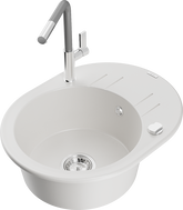 Mexen Kevin 1-Bowl Granite Sink with Drainer and Flora Kitchen Faucet, White - 6517-20-670401-06