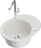 Mexen Kevin 1-compartment granite sink with a drip tray and kitchen mixer tap Flora, White - 6517-20-670401-06