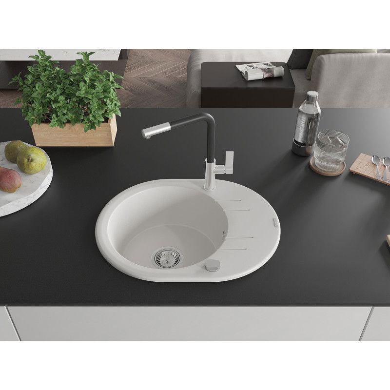 Mexen Kevin granite sink single-bowl with drainer and Flora kitchen tap, white - 6517-20-670401-07