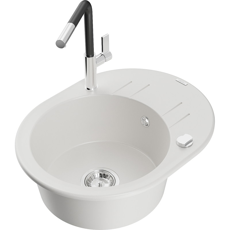 Mexen Kevin granite kitchen sink 1-bowl with drainer and Flora kitchen faucet, white - 6517-20-670401-07