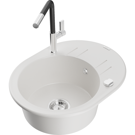 Mexen Kevin granite kitchen sink 1-bowl with drainer and Flora kitchen faucet, white - 6517-20-670401-07