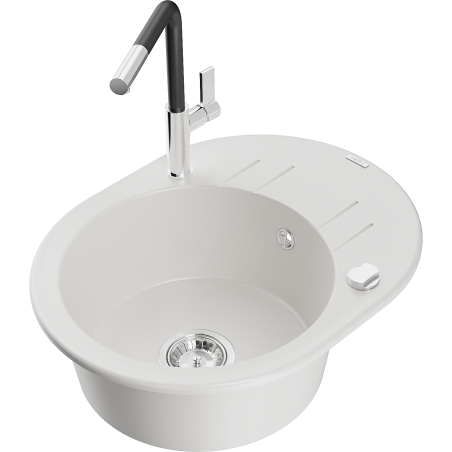 Mexen Kevin granite sink single-bowl with drainer and Flora kitchen tap, white - 6517-20-670401-07