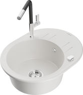 Mexen Kevin granite kitchen sink with 1 bowl, drainer and Flora kitchen faucet, white - 6517-20-670401-07