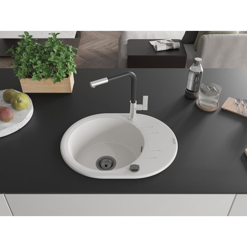 Mexen Kevin granite kitchen sink 1-bowl with drainer and Flora kitchen faucet, white - 6517-20-670401-07-B