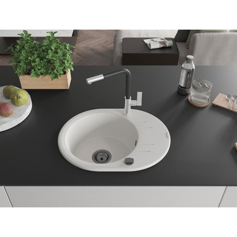Mexen Kevin one-bowl granite sink with drainer and Flora kitchen tap, white - 6517-20-670401-07-B