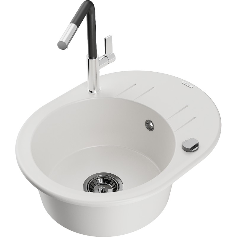 Mexen Kevin 1-compartment granite sink with a drip tray and kitchen mixer tap Flora, White - 6517-20-670401-07-B