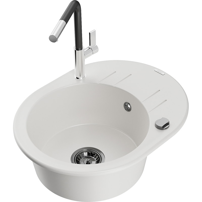 Mexen Kevin granite kitchen sink 1-bowl with drainer and Flora kitchen faucet, white - 6517-20-670401-07-B