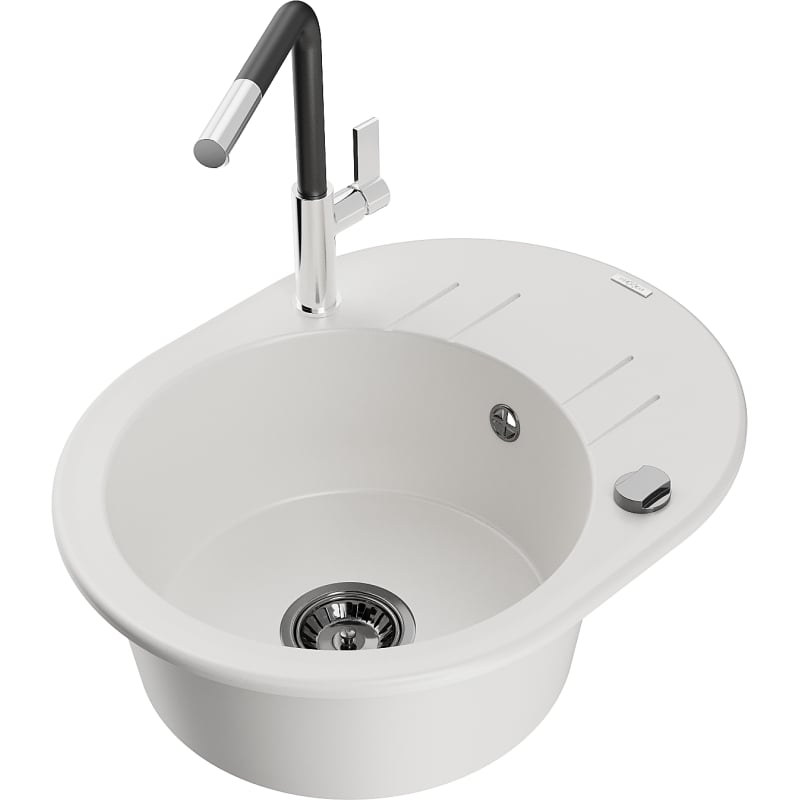 Mexen Kevin granite kitchen sink single-bowl with drainer and Flora kitchen faucet, white - 6517-20-670401-07-B