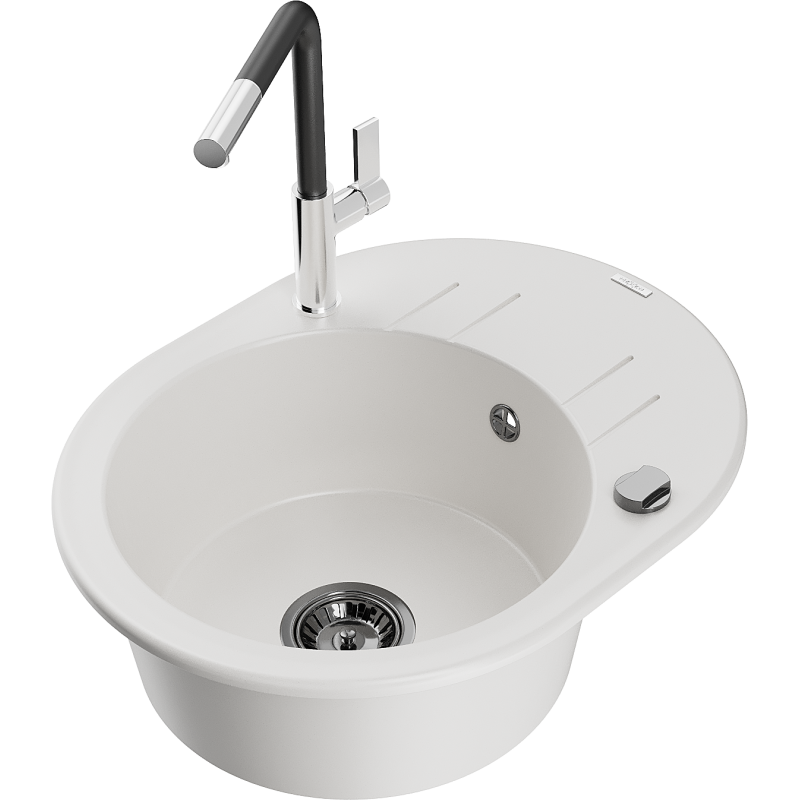 Mexen Kevin one-bowl granite sink with drainer and Flora kitchen tap, white - 6517-20-670401-07-B